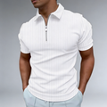 Man wearing a white ribbed short-sleeve zip-up shirt 