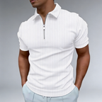 Man wearing a white ribbed short-sleeve zip-up shirt 