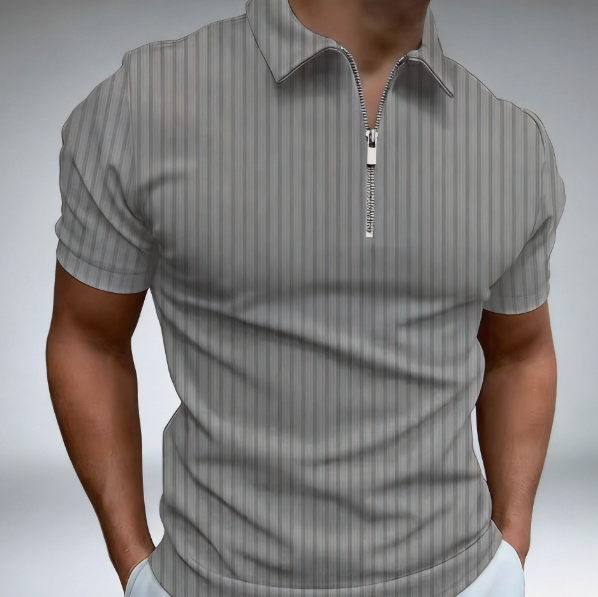 Gray striped polo shirt with a zipper 