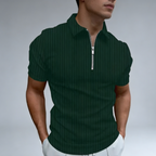Man wearing a green polo shirt with a zipper 